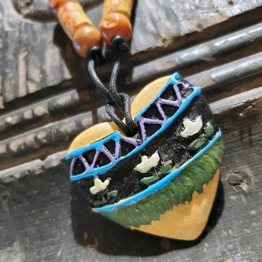 Artisan Heart Flowers Unglazed Clay Beige Black Multicolor OOAK Pendant Necklace
